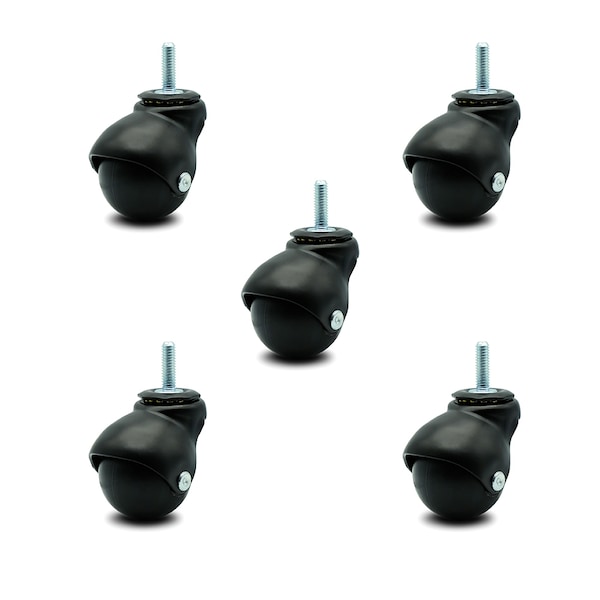 2 Inch Flat Black Hooded 5/16 Inch Threaded Stem Ball Caster SCC, 5PK